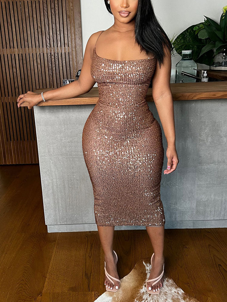 Women's Sequins Backless Spaghetti Strap Dresses