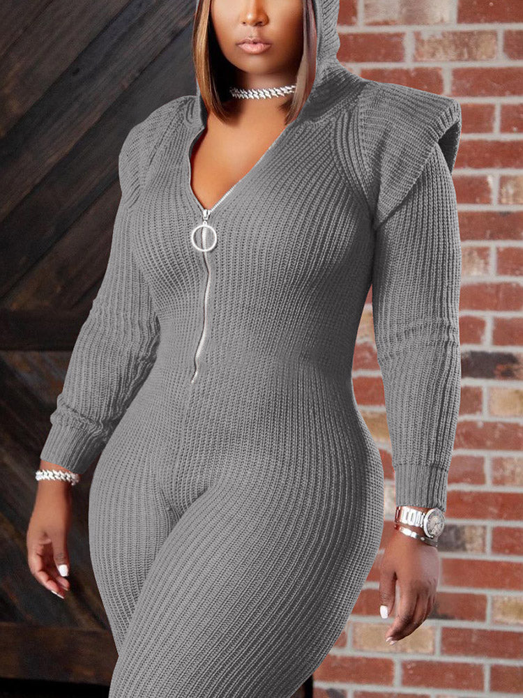 Knitted Padded Shoulder Hooded Jumpsuit