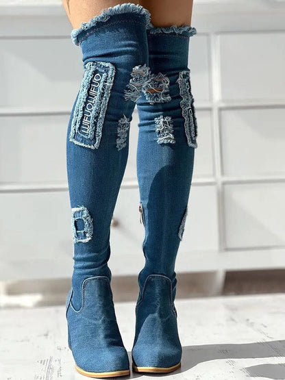 Ripped Over The Knee Denim Boots