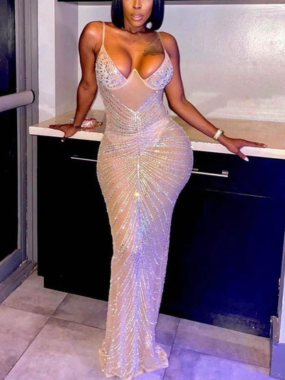 Women's Sheer Mesh Rhinestone Party Dress