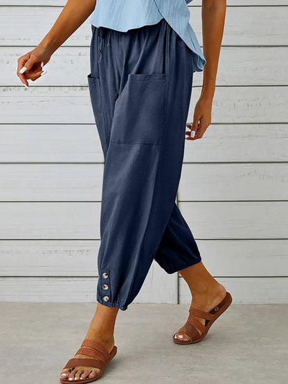 Women's Solid Color Casual With Pocket Buttons Cotton Linen Trousers