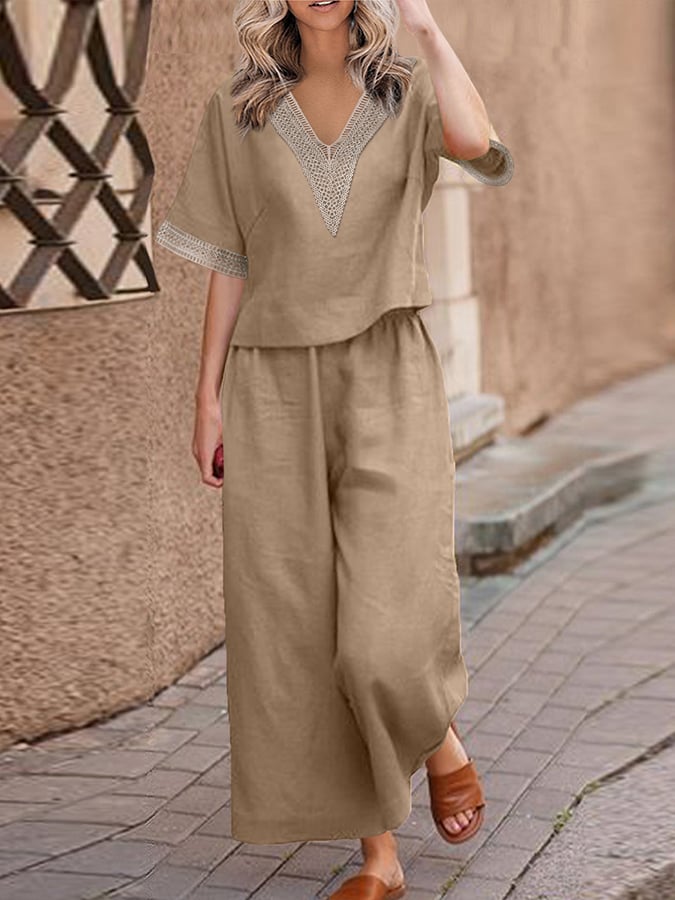 Casual Lace Stitched Loose Shirt Wide Leg Pants Set