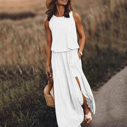 Summer New round Neck Sleeveless Split Dress