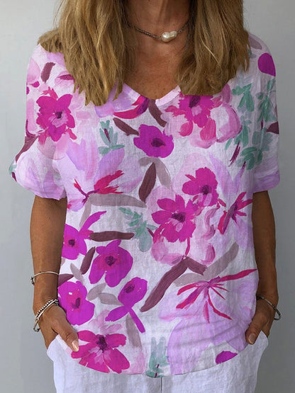 Women's Retro Floral Casual V-Neck Cotton And Linen Top