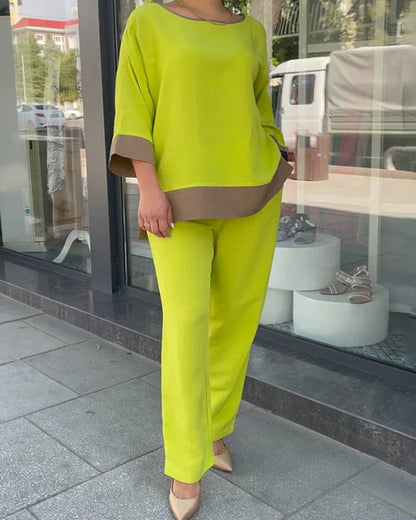 Casual Stitching Round Neck Top Straight-leg Pants Suit