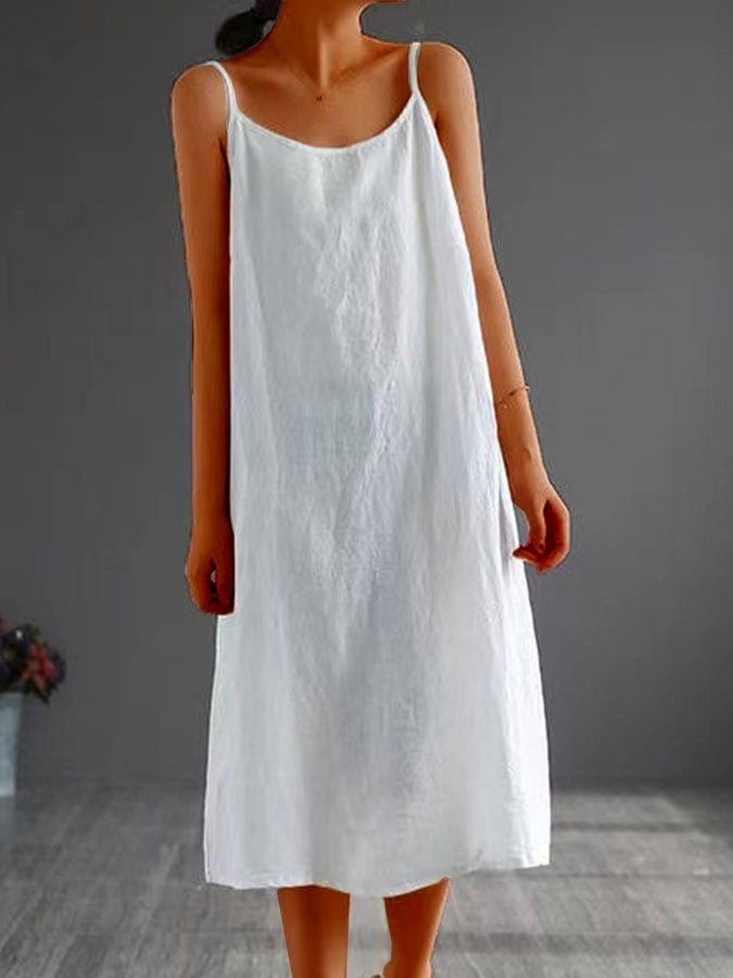 Women's Cotton Linen Solid Color Sling Dress