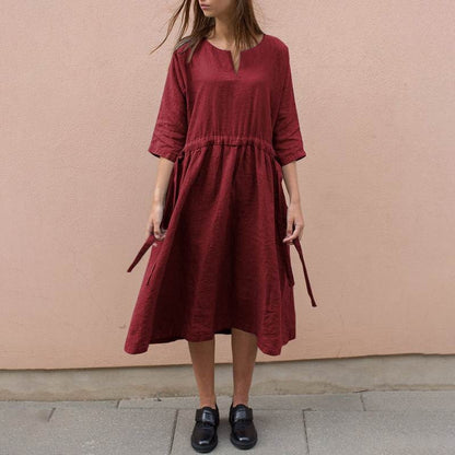 Casual Lace V Neck Cotton Linen Dress