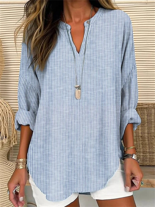 Women's Long Sleeve v-Neck Solid Color Loose Striped Shirt