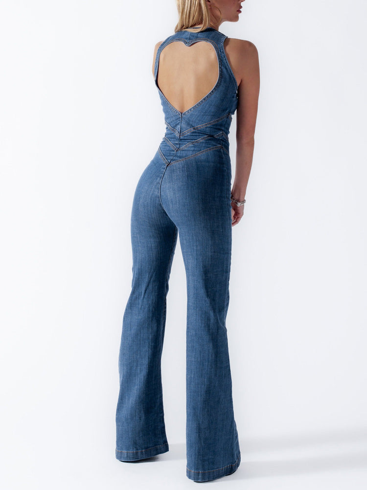 Heart Shape Backless Denim Jumpsuit