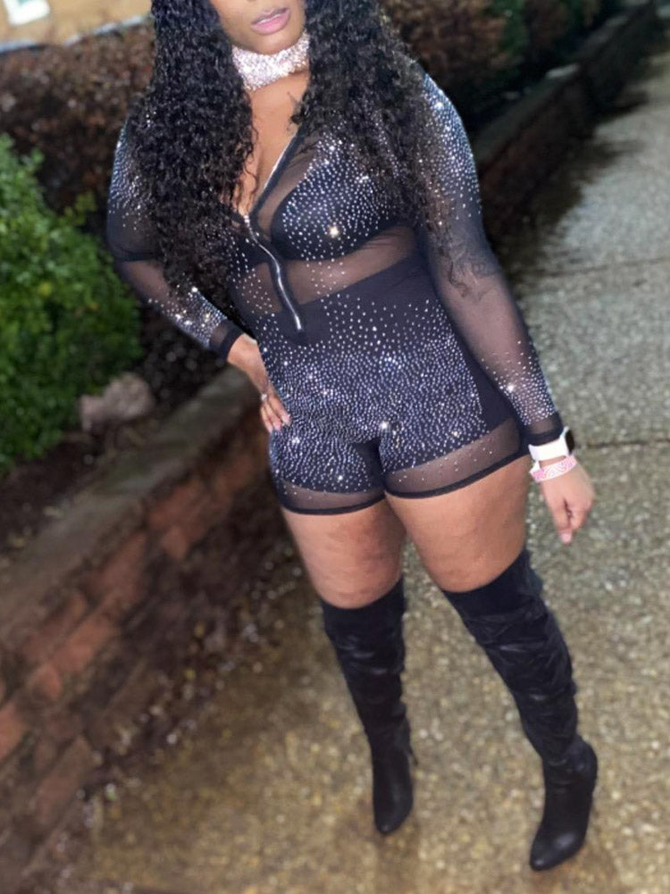 Women's Rhinestone Zipper Mesh Romper