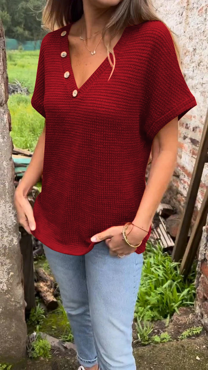 Women's Knitted Cotton and Linen V-neck Top