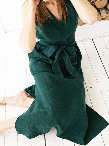 Solid Color Sleeveless V-Neck Tie Dress