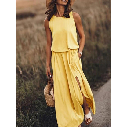 Summer New round Neck Sleeveless Split Dress