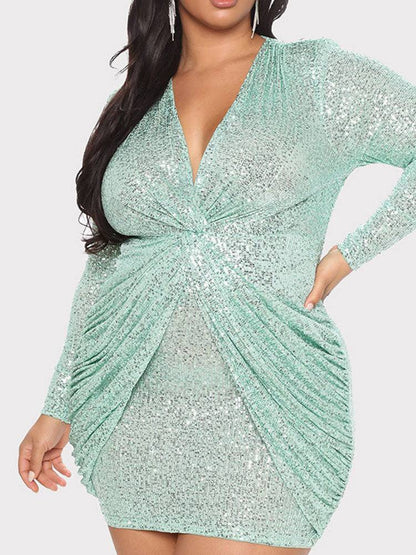 Women's V Neck Long Sleeved Twist Sequin Dress