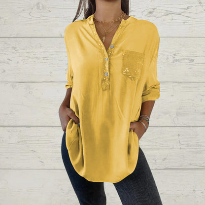 Women's Sequin Patchwork V-neck Shirt