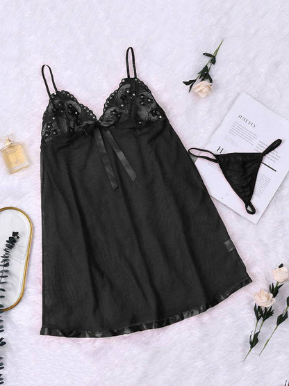 Sheer Mesh Bowknot Babydoll Set