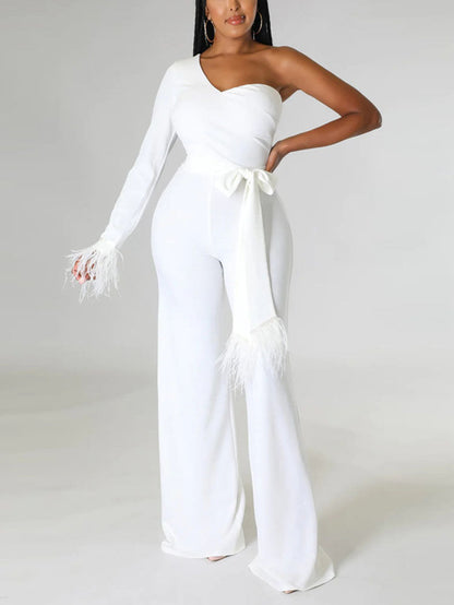 Women's One shoulder Feather Decor Jumpsuit