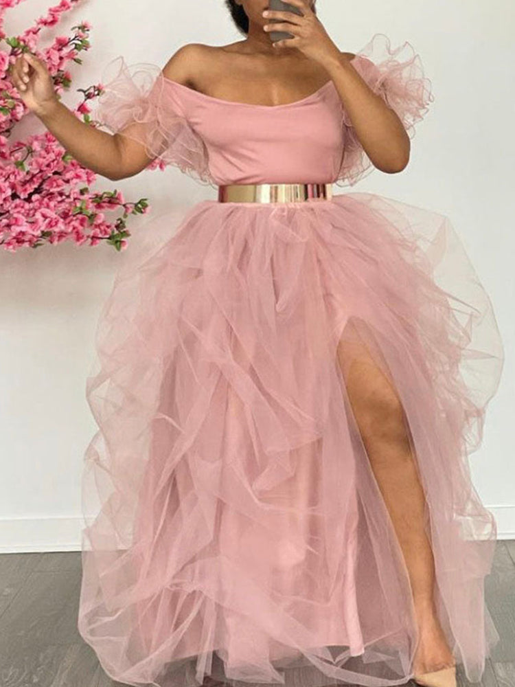 Women's High Waisted Slit Tulle Skirt