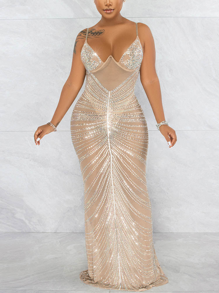 Women's Sheer Mesh Rhinestone Party Dress