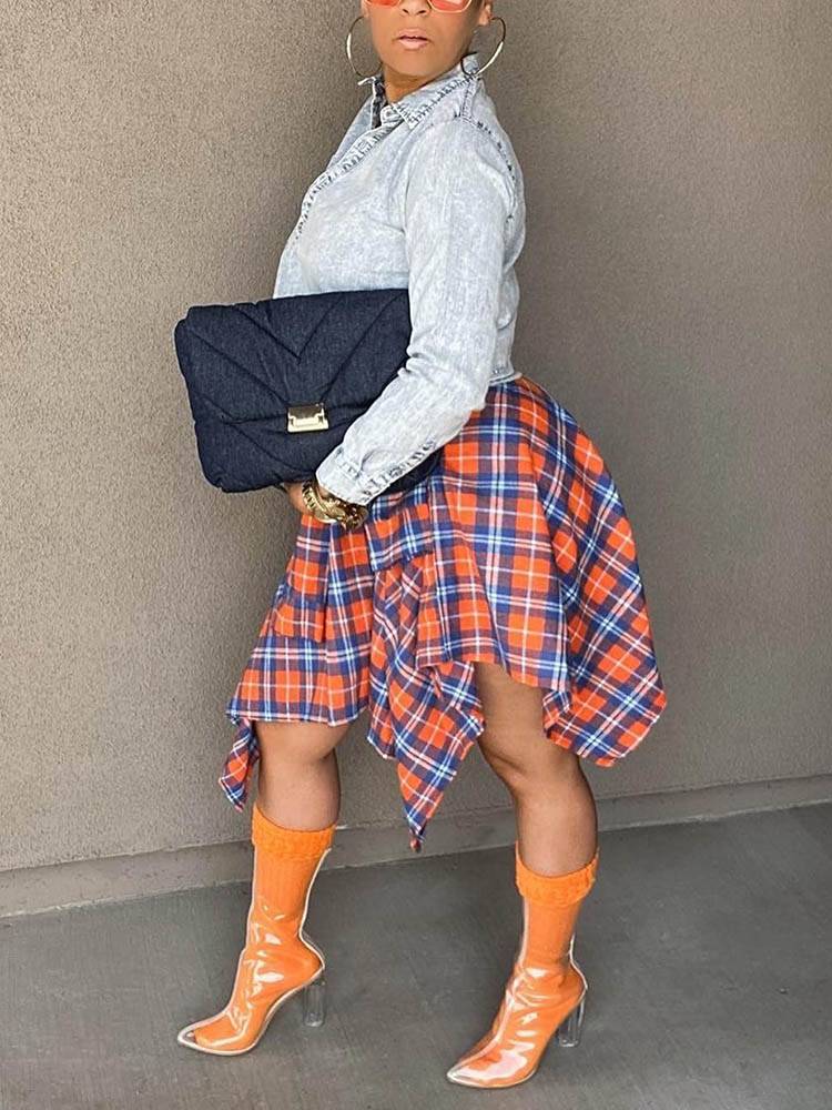 Asymmetric Plaid Midi Skirt