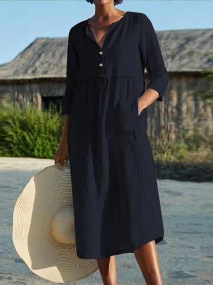 Cotton and Linen Mid-sleeve Dress