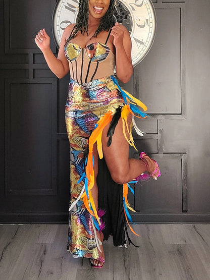 Women's Colorful Sequin Slit Feather Dress