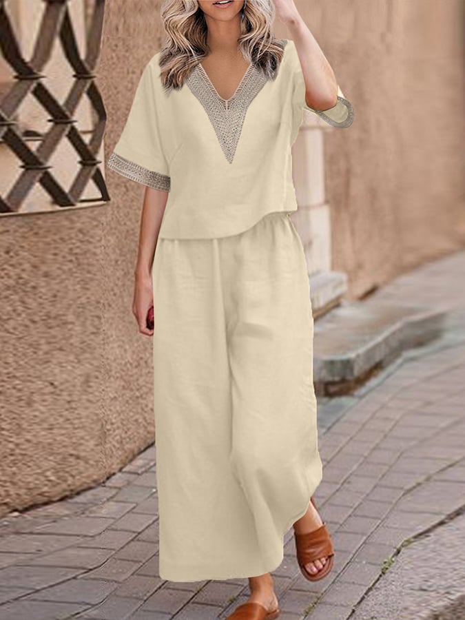 Casual Lace Stitched Loose Shirt Wide Leg Pants Set