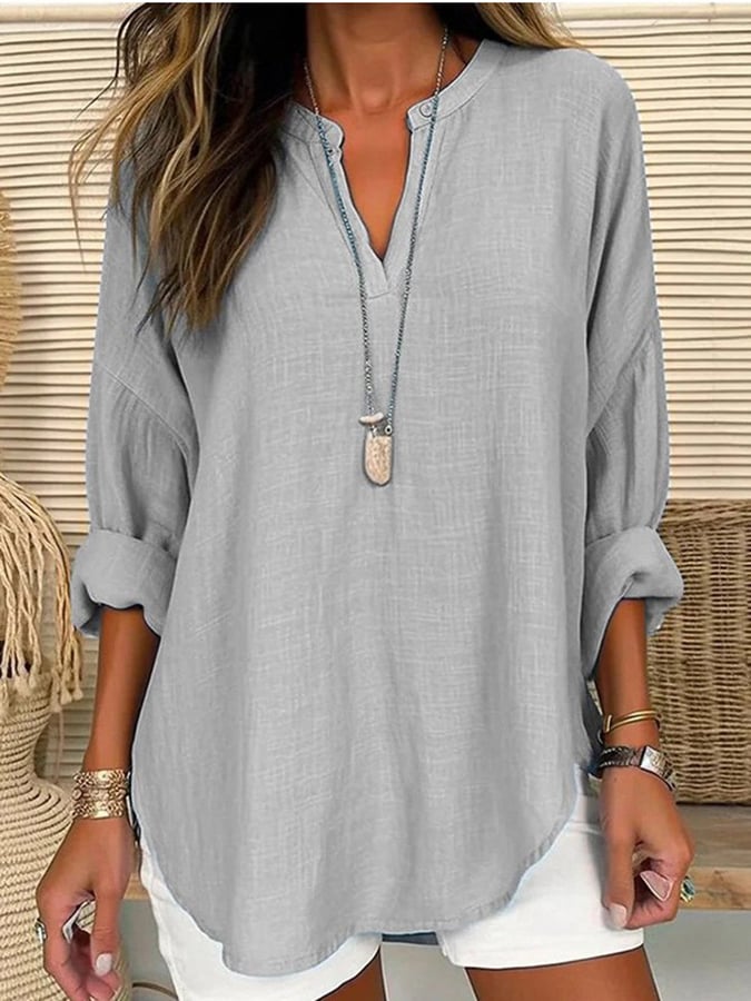 Women's Cotton Long Sleeve Round Neck Solid Color Loose Beach Shirt