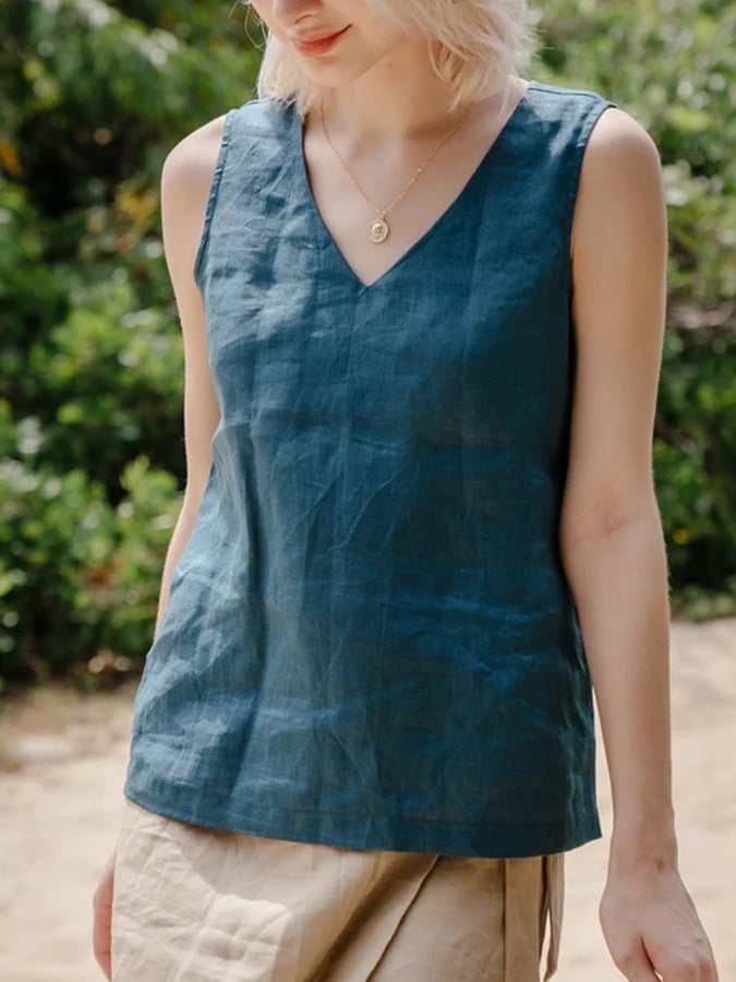 Women's Cotton Linen V Neck Sleeveless Tank Top