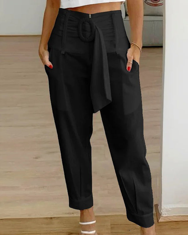 Women's Solid Color Casual Pants with Belt