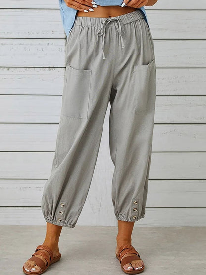 Women's Solid Color Casual With Pocket Buttons Cotton Linen Trousers