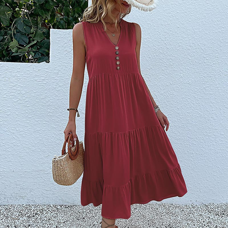 Women's Sleeveless Draped Dress Loose V-neck Mid-Length Dress