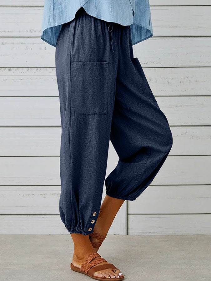 Women's Solid Color Casual With Pocket Buttons Cotton Linen Trousers