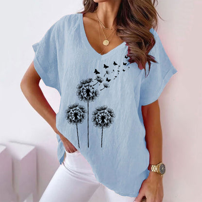 Women's Summer Dandelion Printed V-neck Casual Bat T-shirt