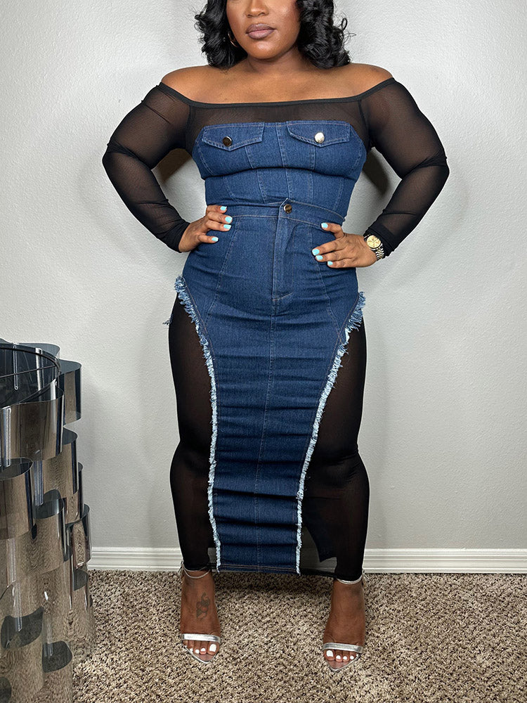 Women's Denim Mesh Skirt Set