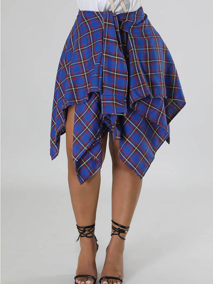 Asymmetric Plaid Midi Skirt
