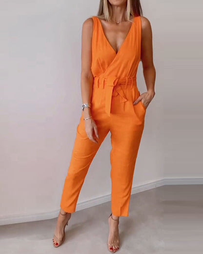 Solid Color Tie V Neck Loose Jumpsuit