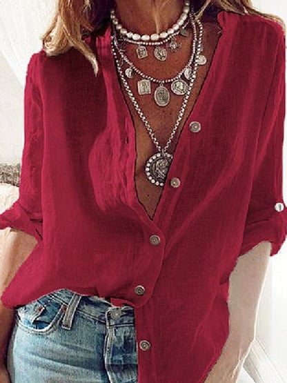 Women's Ladies Cotton Linen Solid Color Pull-Sleeve Loose V-Neck Long-Sleeve Shirt