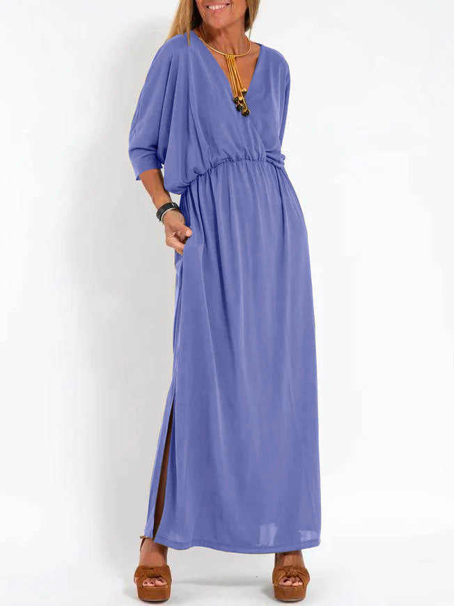 Women's Casual Solid Color V Neck Slit Dress