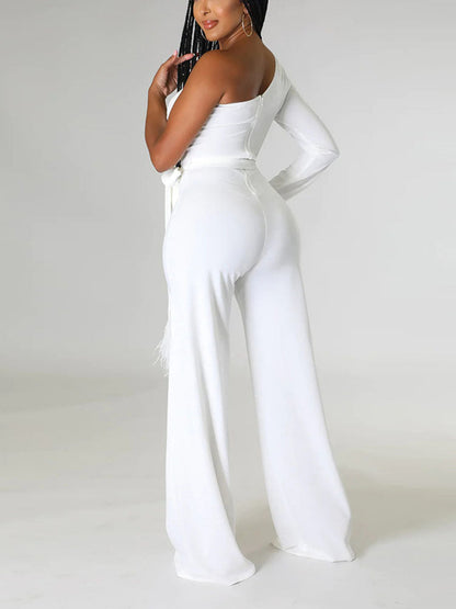 Women's One shoulder Feather Decor Jumpsuit