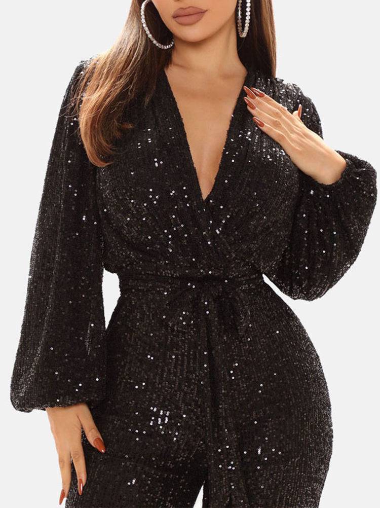 Women's Sequin Long Sleeve V Neck Jumpsuit