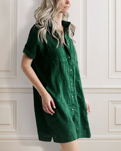 Casual lapel pocket solid color loose cotton and linen dress