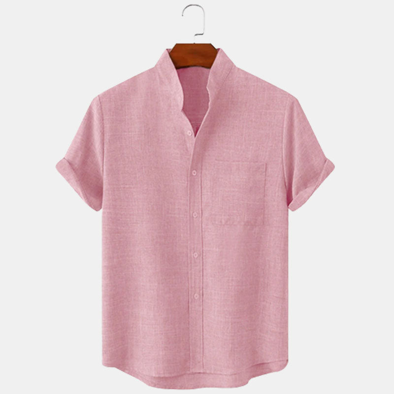 Men's Solid Color Linen Short Sleeve Lapel Shirt