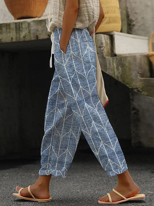 Women's Casual Faux Linen Printed Wide Leg Pants