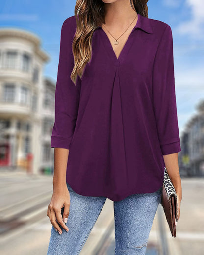 V-neck Top Solid Color Loose-Fitting Large Size Shirt