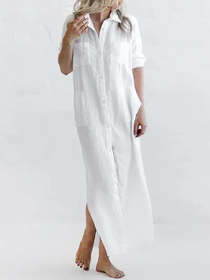 Casual lapel pocket solid color split shirt dress