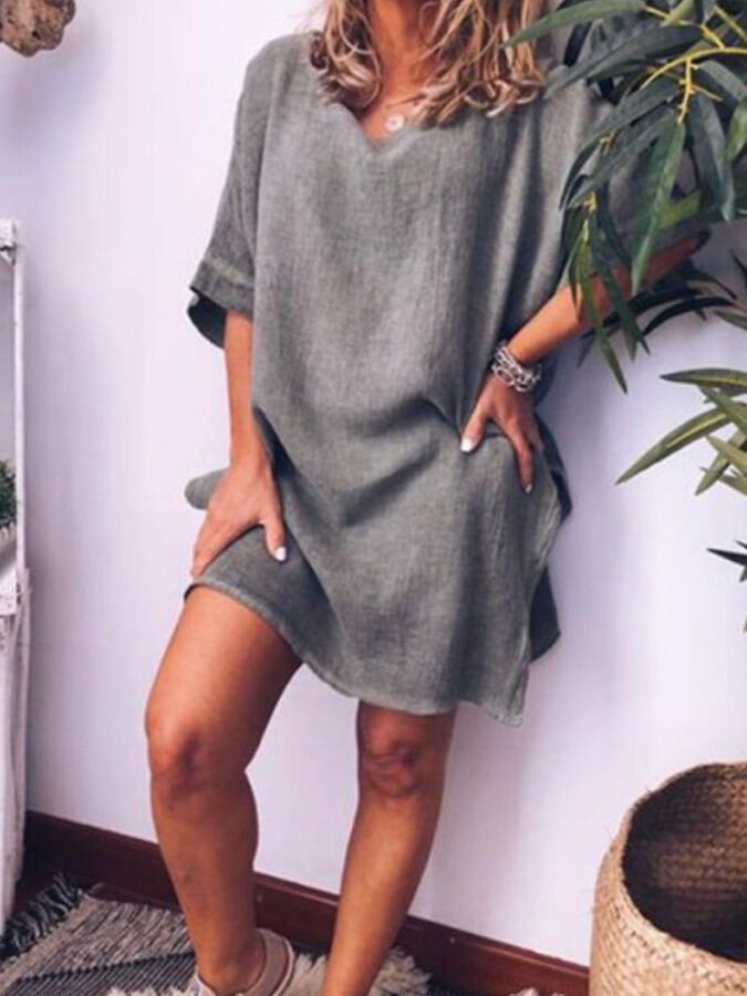 Women's Casual Slit Cotton And Linen Dress