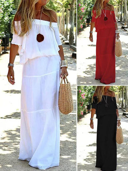 Solid Off Shoulder High Waist Long Maxi Dress