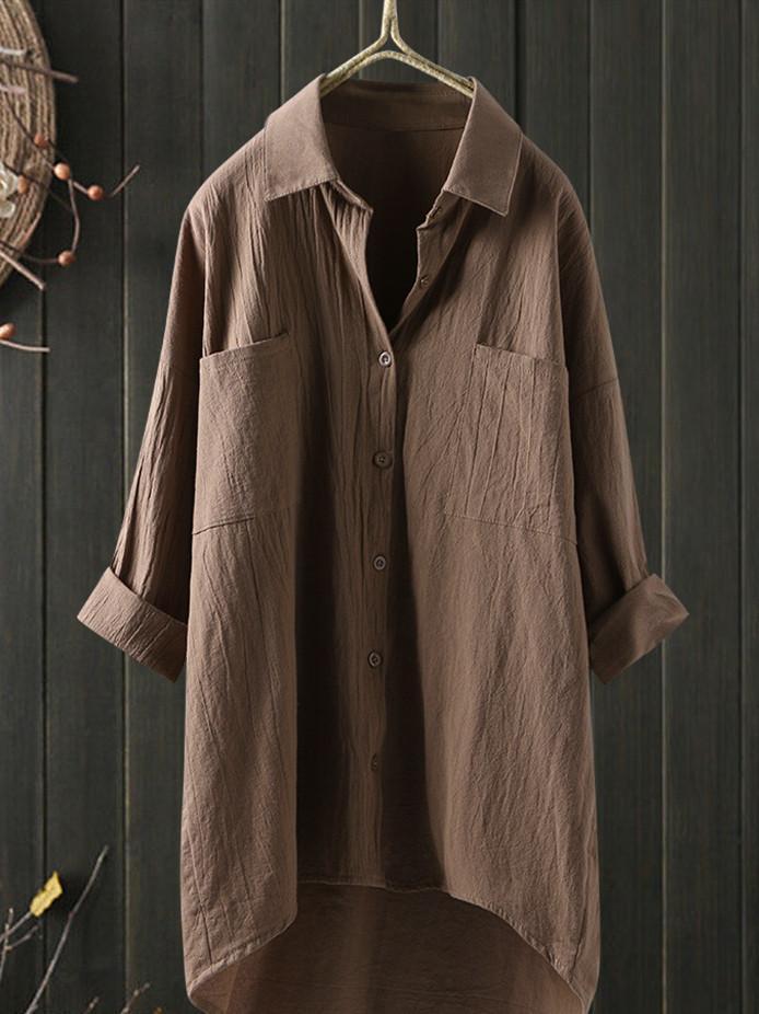 Temperament solid color cotton and linen shirt loose shirt top