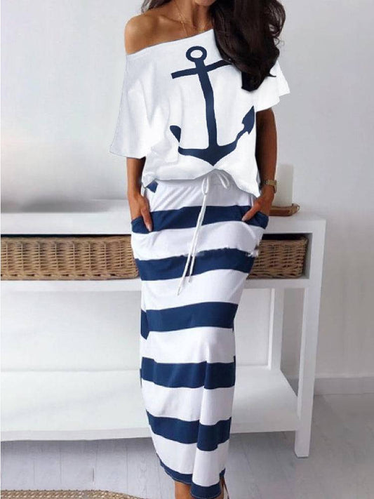 Print Off Shoulder Striped Skirt Set